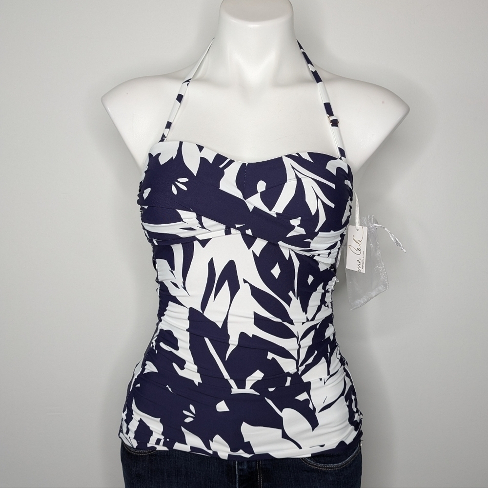 NWT Anne Cole blue white tropical floral detachable strap tankini bikini top XS